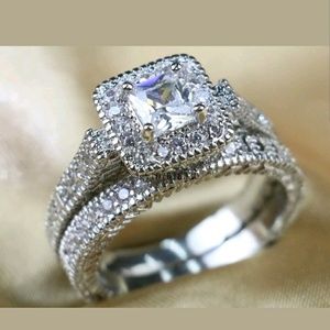 2Pc princess cut ring sterling silver wedding ring